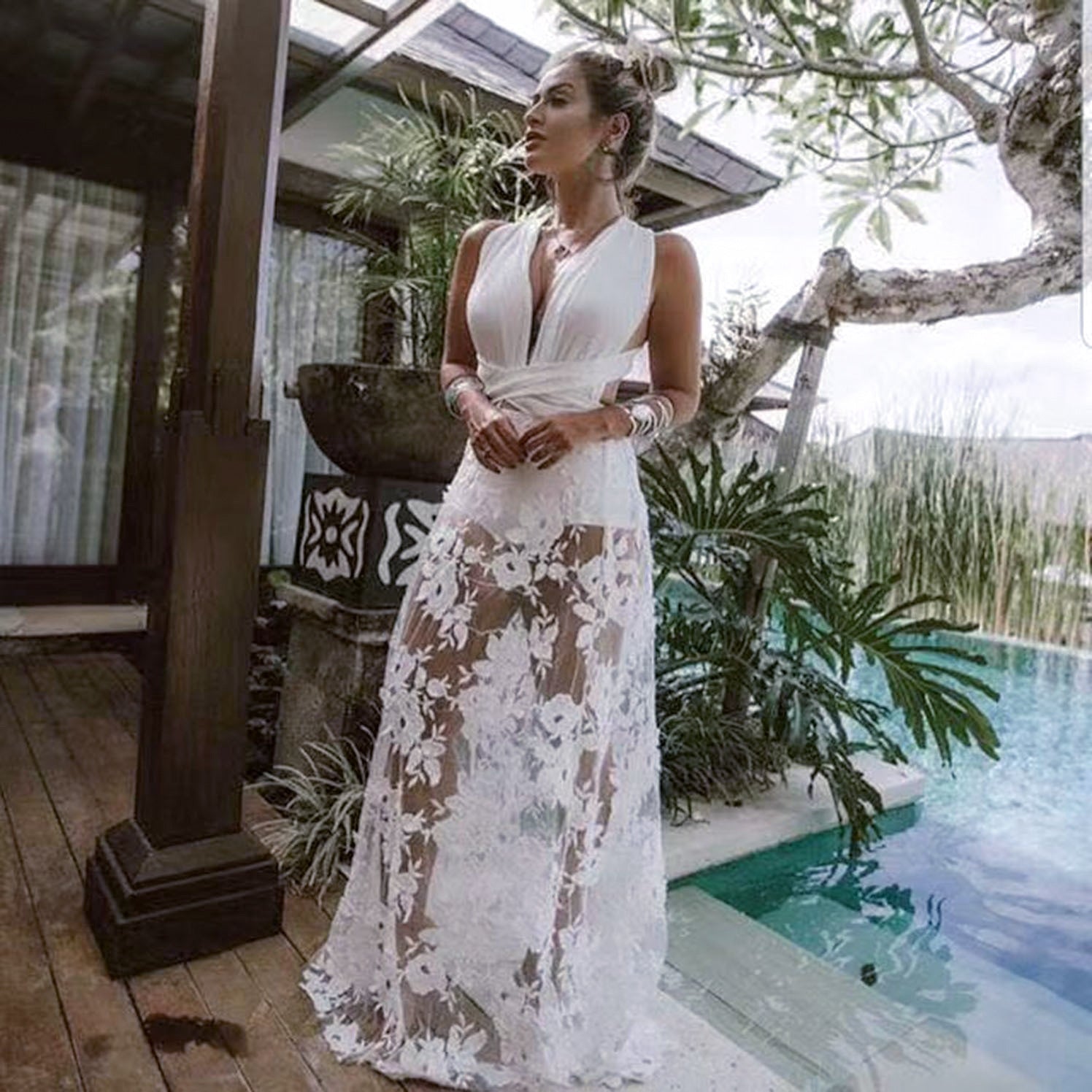 Spring Summer Women Clothes Dress Sexy Lace Cutout Backless Beach Maxi Dress