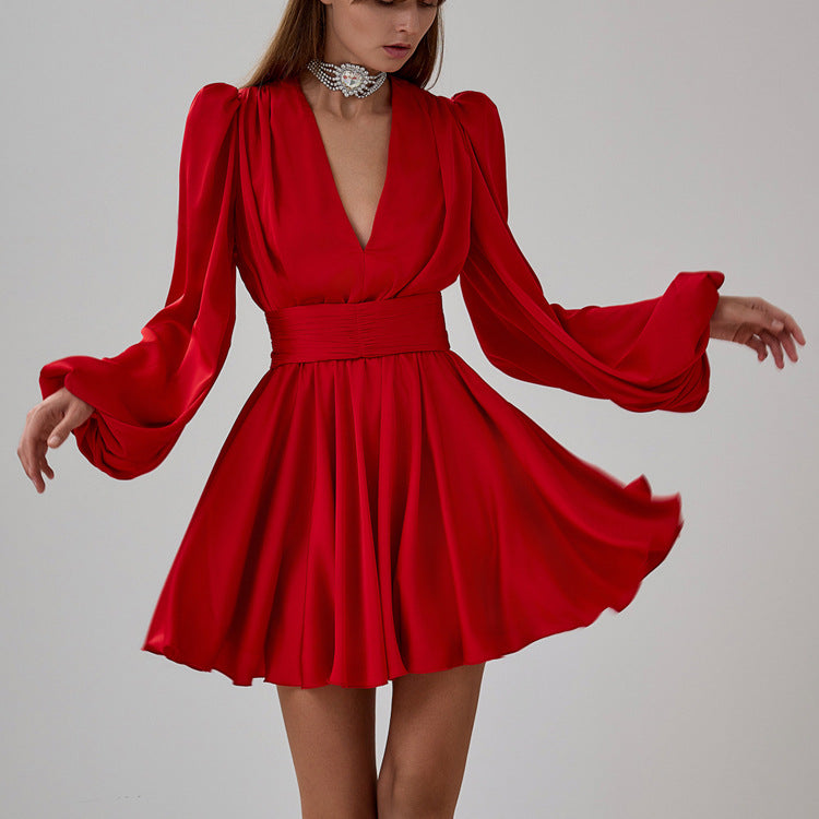 French Pleated Dress Women Puff Sleeve V neck Waist Seal Slimming Satin A line Dress