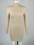 Winter Women Sexy Slim Knit Rib Half High Collar Long Sleeves Short Dress
