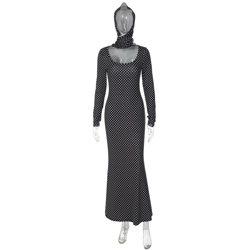 Women Clothing Autumn Winter Printed Elegant Slim Polka Dot Long Sleeve Dress