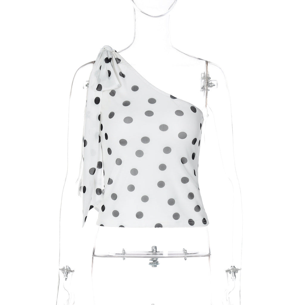 Women Clothing Summer Polka Dot Printed One Shoulder Sleeveless All Matching Slim Fit Tank Top