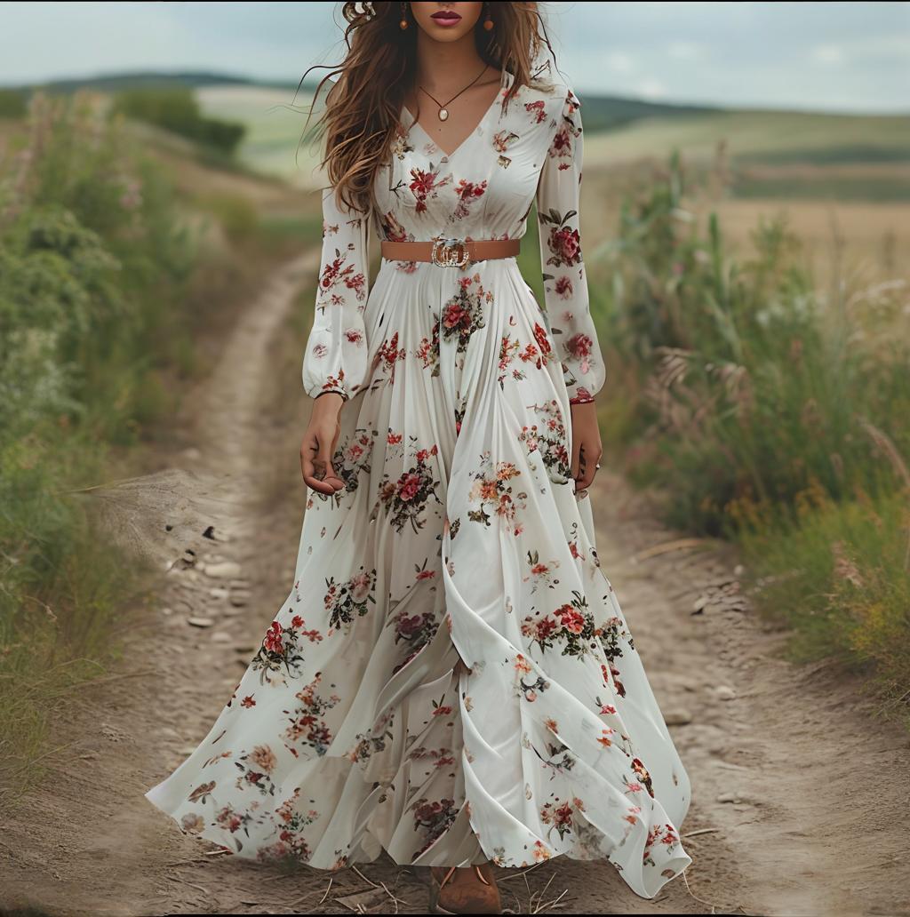Autumn V neck Long Sleeve Printed Dress Woman