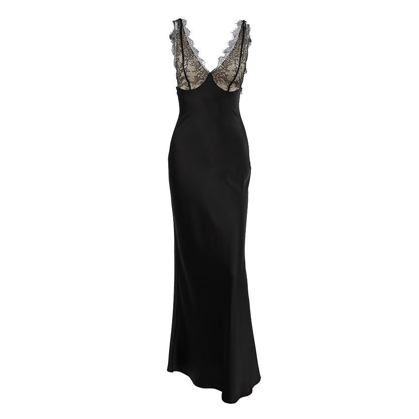 Summer Sexy V neck Lace Stitching Satin Dress Women Slim Fit Maxi Dress