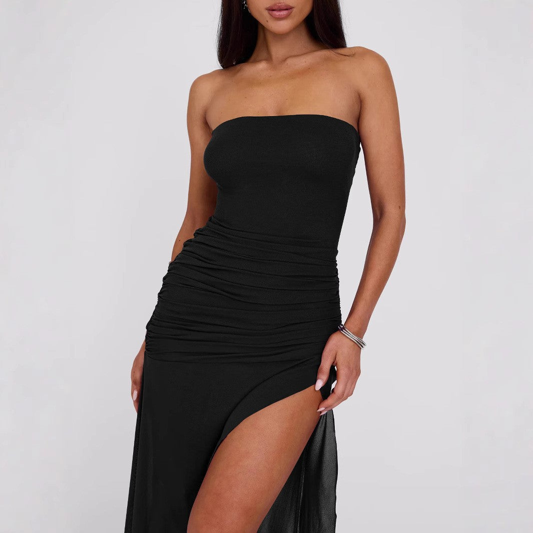 Women Clothing Summer Wind Sexy Tube Top Backless Slim Fitting Patchwork Mesh Irregular Asymmetric Dress