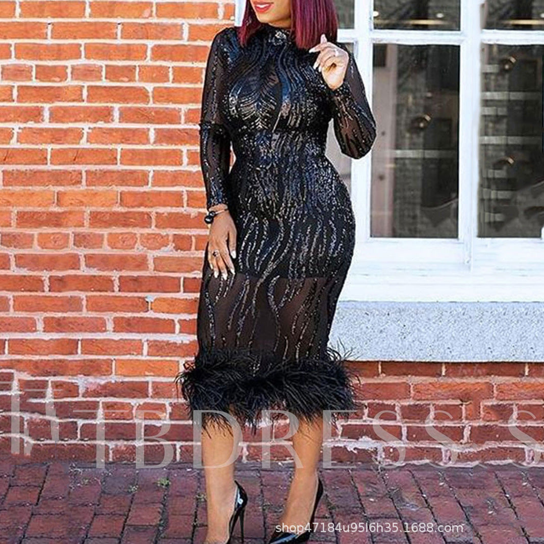 Women Clothing Dress Long Sleeve Turtleneck Midi Dress Tight Waist Bronzing Hip Dress