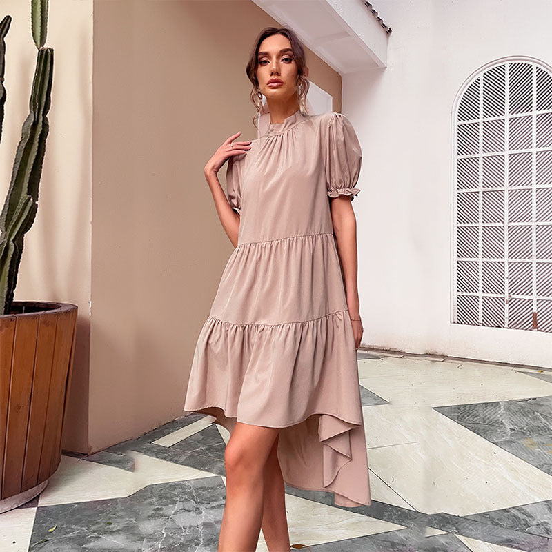 High Waist Solid Color Irregular Asymmetric Loose Pleated Dress Casual Babydoll Dress