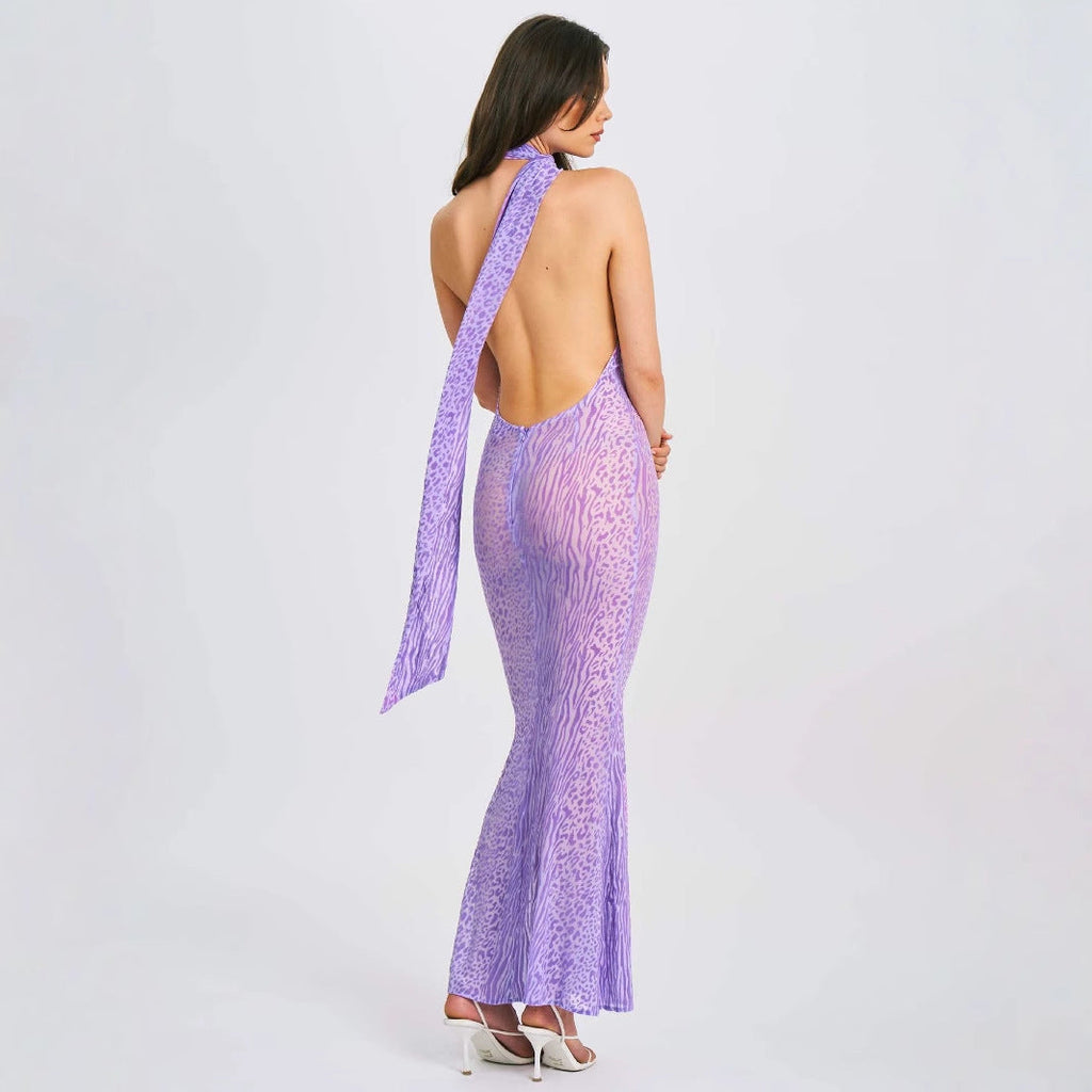 Lace up Bare Back Sexy Halter High Waist See through Mesh Slim Fit Oblique Shoulder Dress