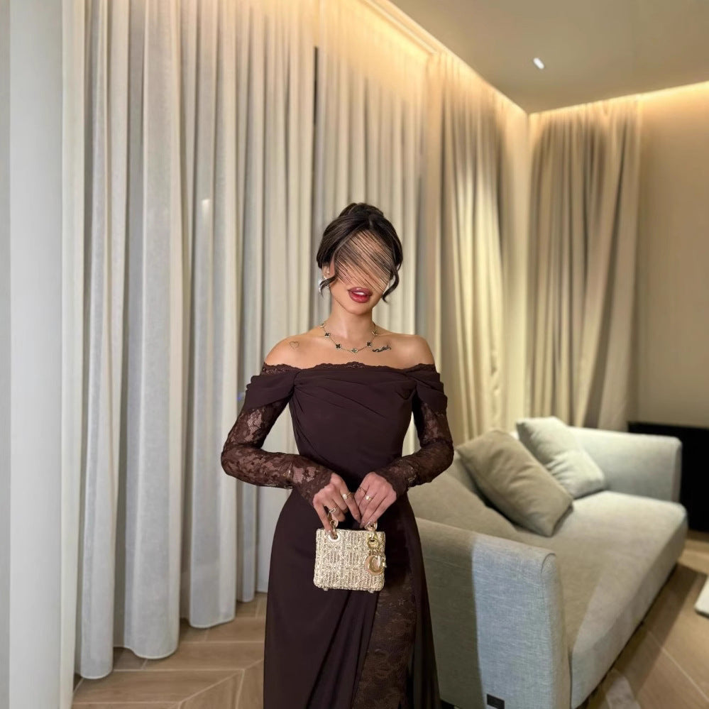 Spring Summer Women Clothing Tube Top Stitching Lace Long Sleeve Big Hem Elegance Retro Dress