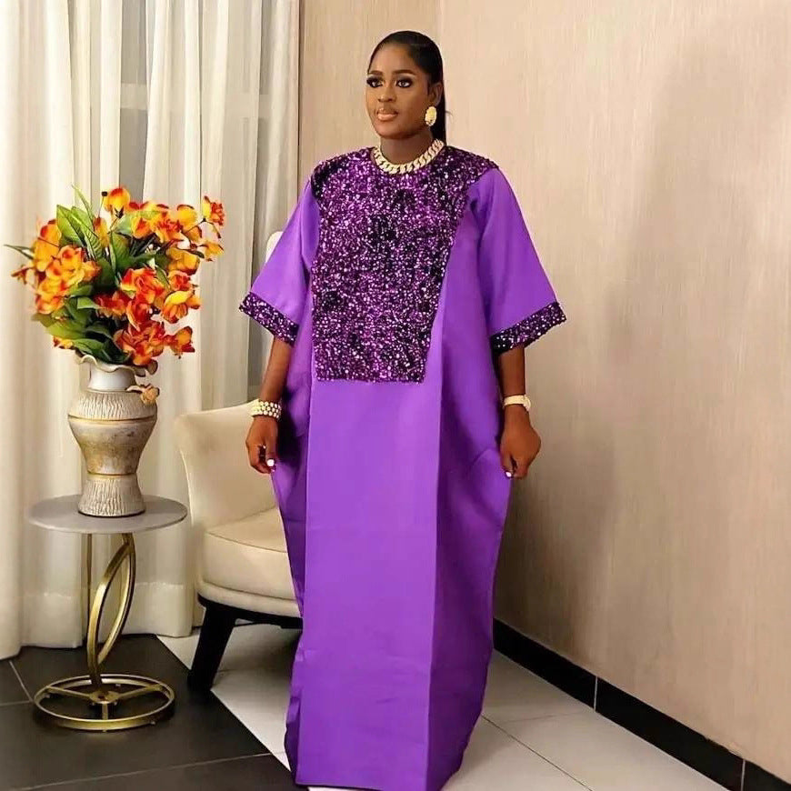 Elegant round Neck Sequin Cloth Cloth Dress African Ethnic Loose Robe Party Dress