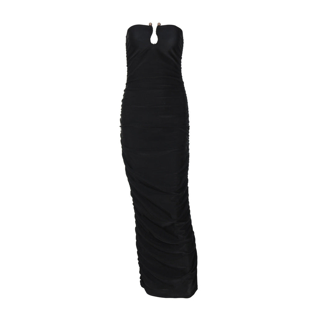 Women Clothing Autumn Winter Sexy V neck Back Slim Pleated Solid Color Dress