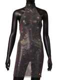 Summer Sexy Rhinestone Grid Turtleneck Dress Women