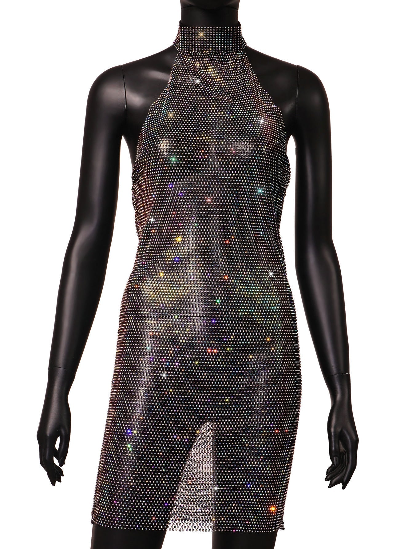 Summer Sexy Rhinestone Grid Turtleneck Dress Women