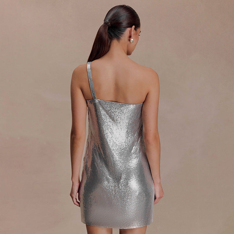 Women Clothing Spring Solid Color Sexy Slim Sleeveless Diagonal Collar Glossy One Shoulder Short Dress