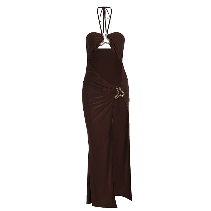 Women Clothing Summer Sexy Lace up Cutout Metal Decoration Split Dress
