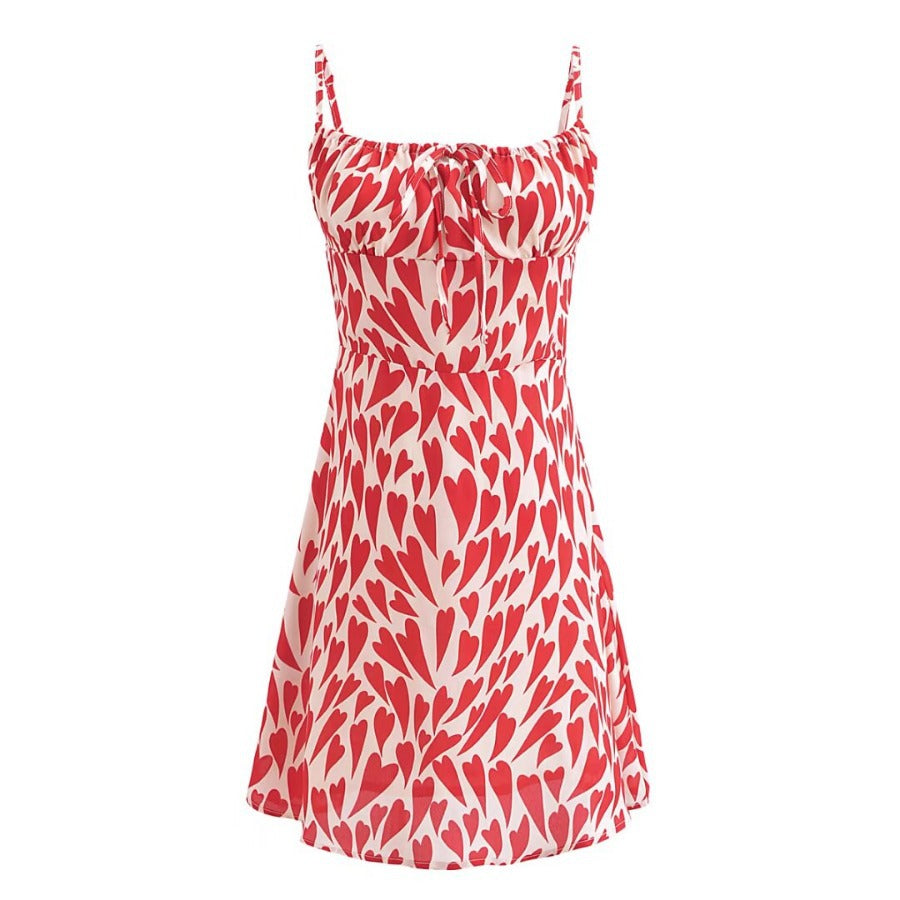 Summer Heart Shape Printed Figure Flattering Cinched Waist Lace-up Cami Dress Short Dress