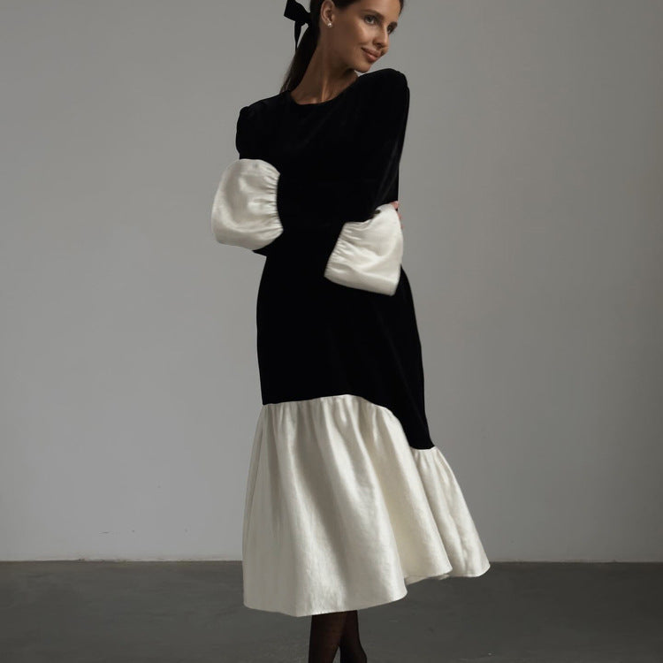 Korean Velvet Autumn French Stitching round Neck Flared Sleeves Dress Loose Maxi Dress Women Clothing