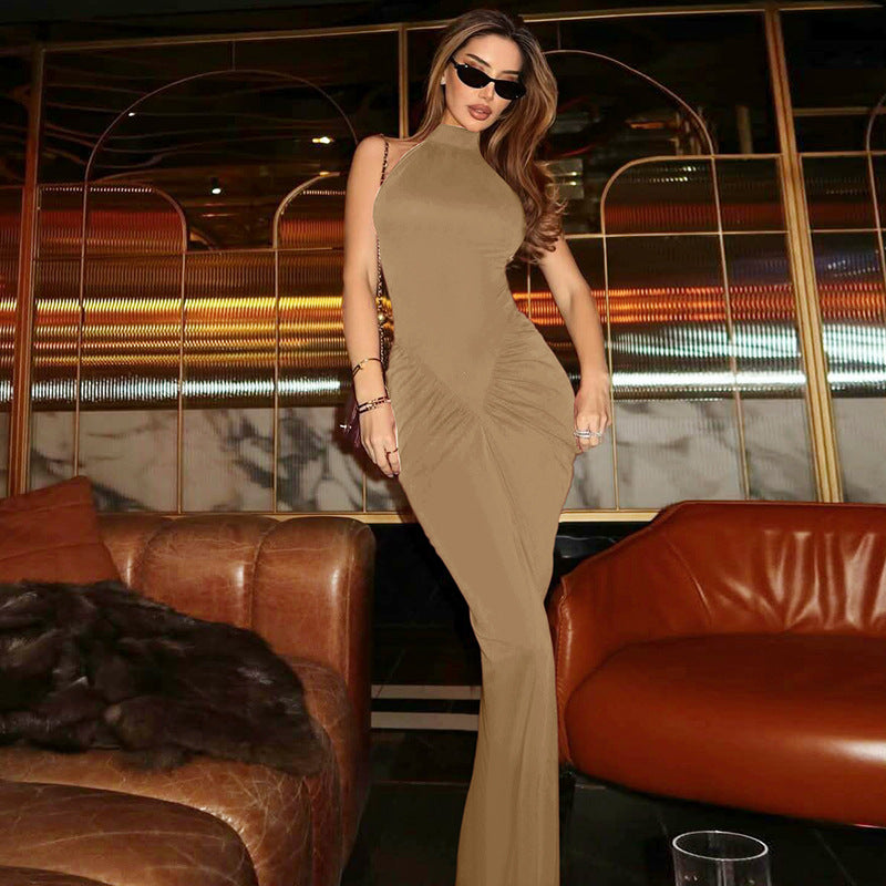 Women Summer Back Zipper Pleated Sleeveless Dress