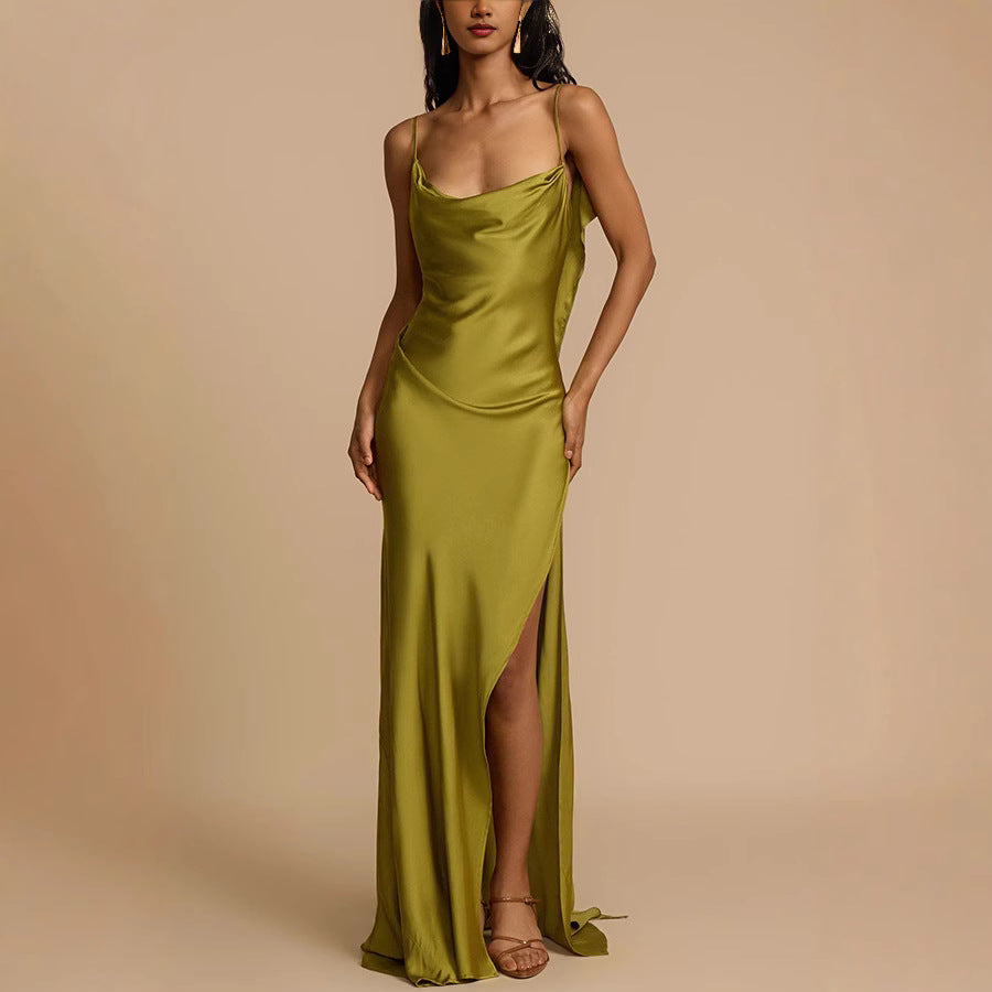Spring Summer Suspender Split Dress Casual Loose Vacation Satin Dress