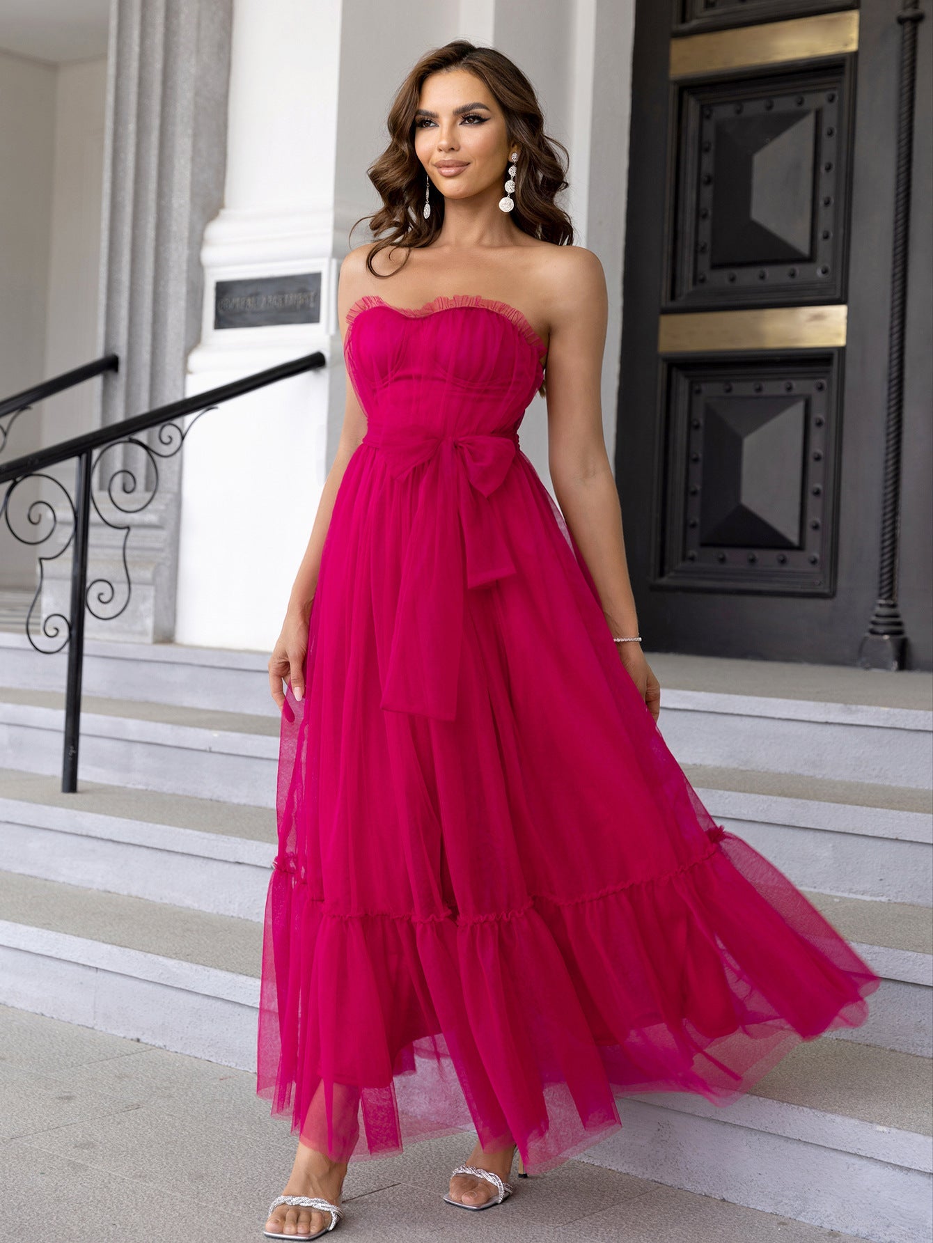 Summer Sexy Mesh Dress Lace up Dress Ruffled Tied Mesh Straight