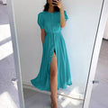 Summer Elegant Office High Waist Solid Color Maxi Dress Women Clothing