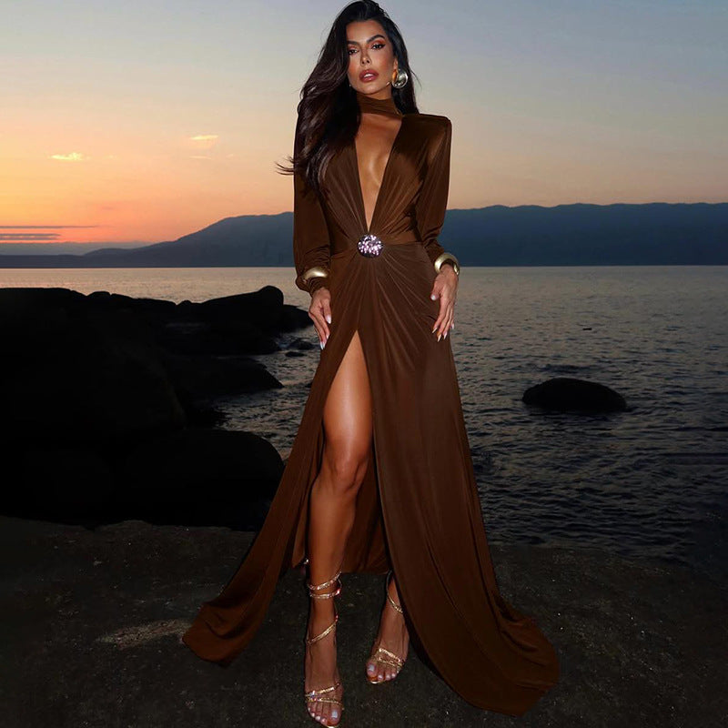 Fall Women Clothing Elegant Sexy Deep V Plunge neck Slim Fit Slit Long Sleeve Dress Women