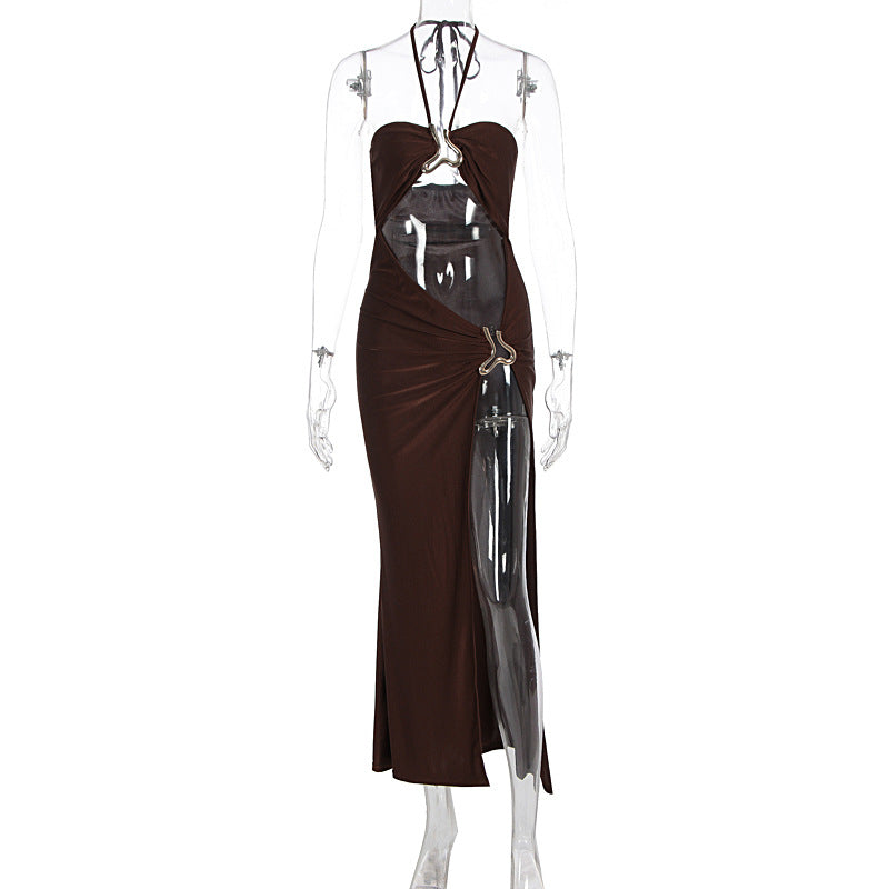 Women Clothing Summer Sexy Lace up Cutout Metal Decoration Split Dress