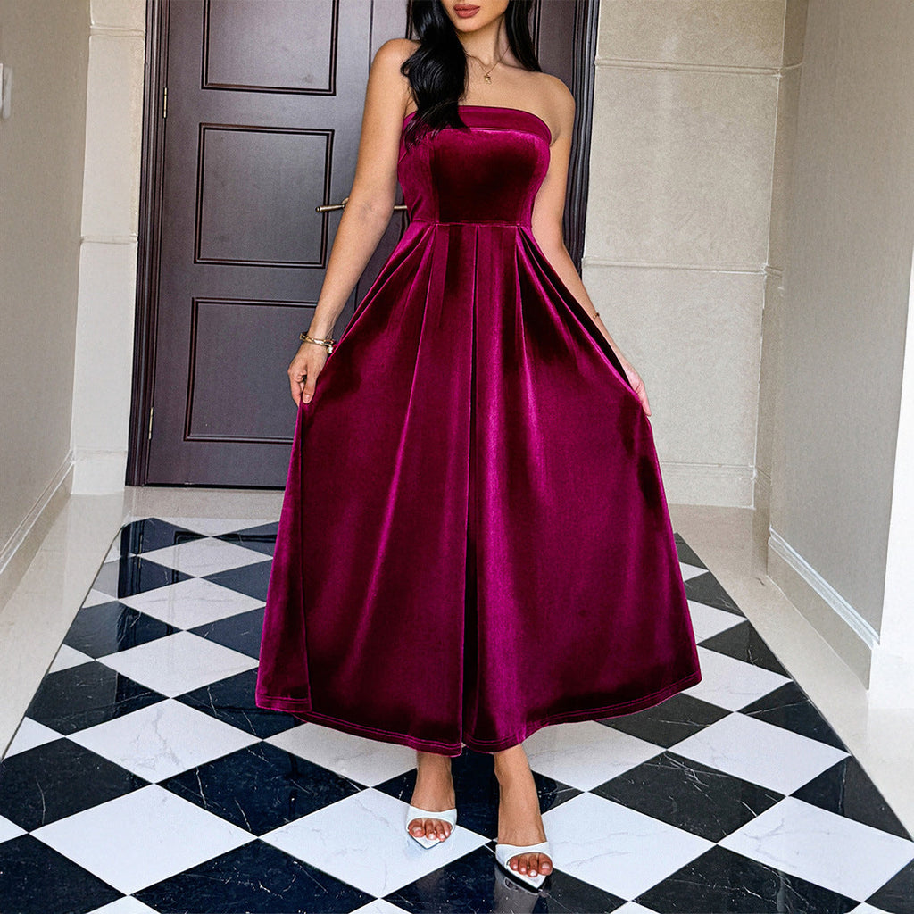 Women Elegant Graceful Tube Top Solid Color Maxi Dress for Women Dress