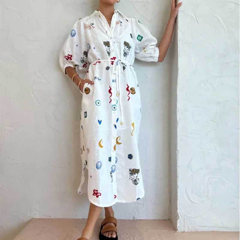 Autumn Winter Women Clothing Trend outside Pattern Print Collared Long Waist Controlled Lace Up Shirt Dress Women Amplified craft
