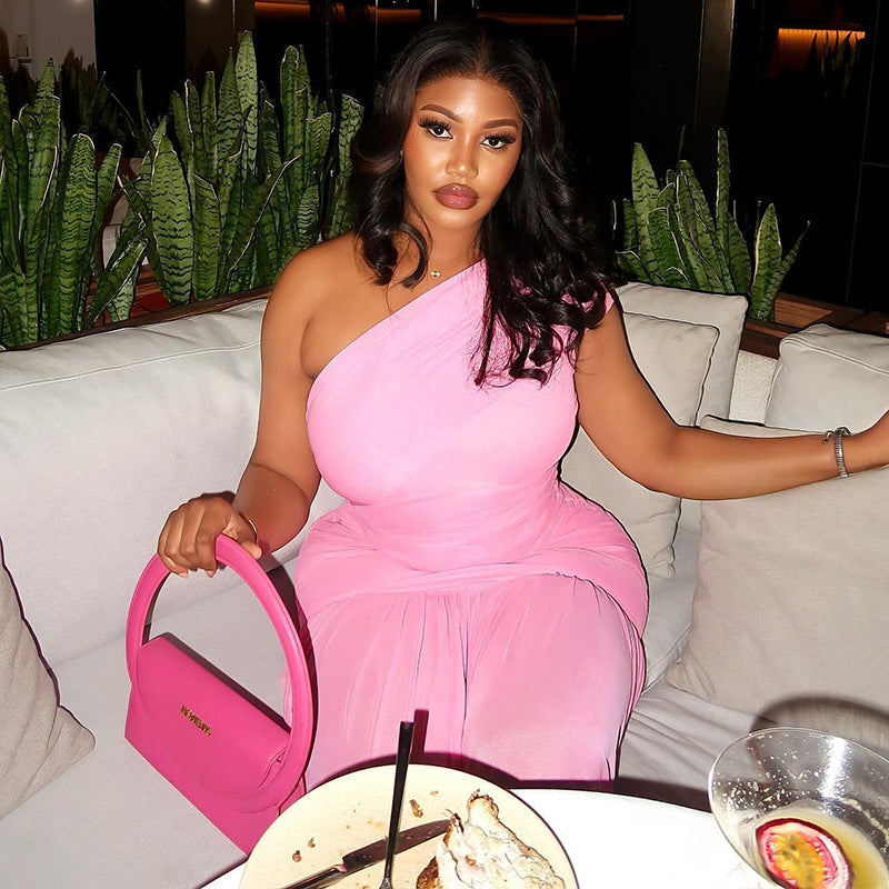 Fresh Solid Color Women Clothing Pleated Waist Tight Asymmetric One Shoulder Oblique Leader Split Length Dress