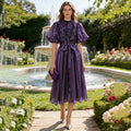 Elegant Retro Maxi Dress Spring Waist Tight Slimming Lace up Lantern Sleeve round Neck High Waist Dress