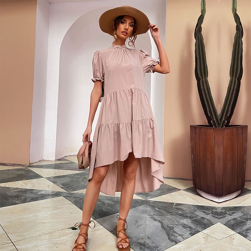 High Waist Solid Color Irregular Asymmetric Loose Pleated Dress Casual Babydoll Dress