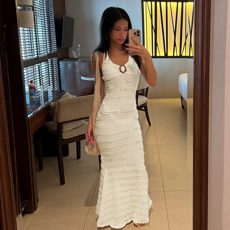 Women Clothing Summer French Sexy Slim V neck Halter Lace up Dress