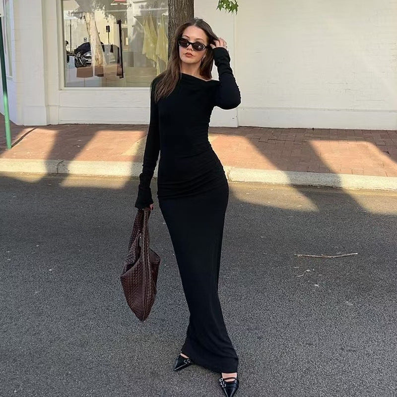 Sexy Women Clothing Sloping-Shoulder off the Shoulder Long Sleeve Slim Fit Pleated Long Socialite Dress