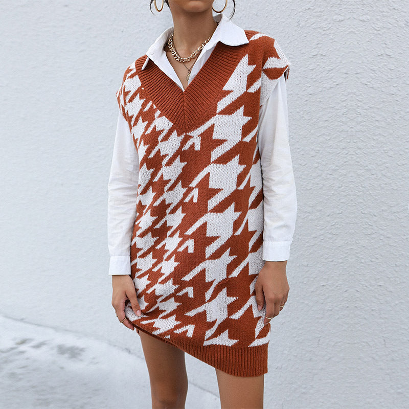 Women Wear Casual Long Sleeve Houndstooth Fall Winter Sweater Dress Outer Wear