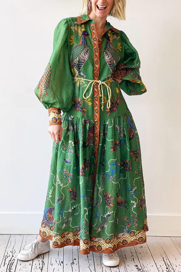 Autumn Printed Cardigan Printed Wide Hem Long Sleeve Dress for Women Amplified craft