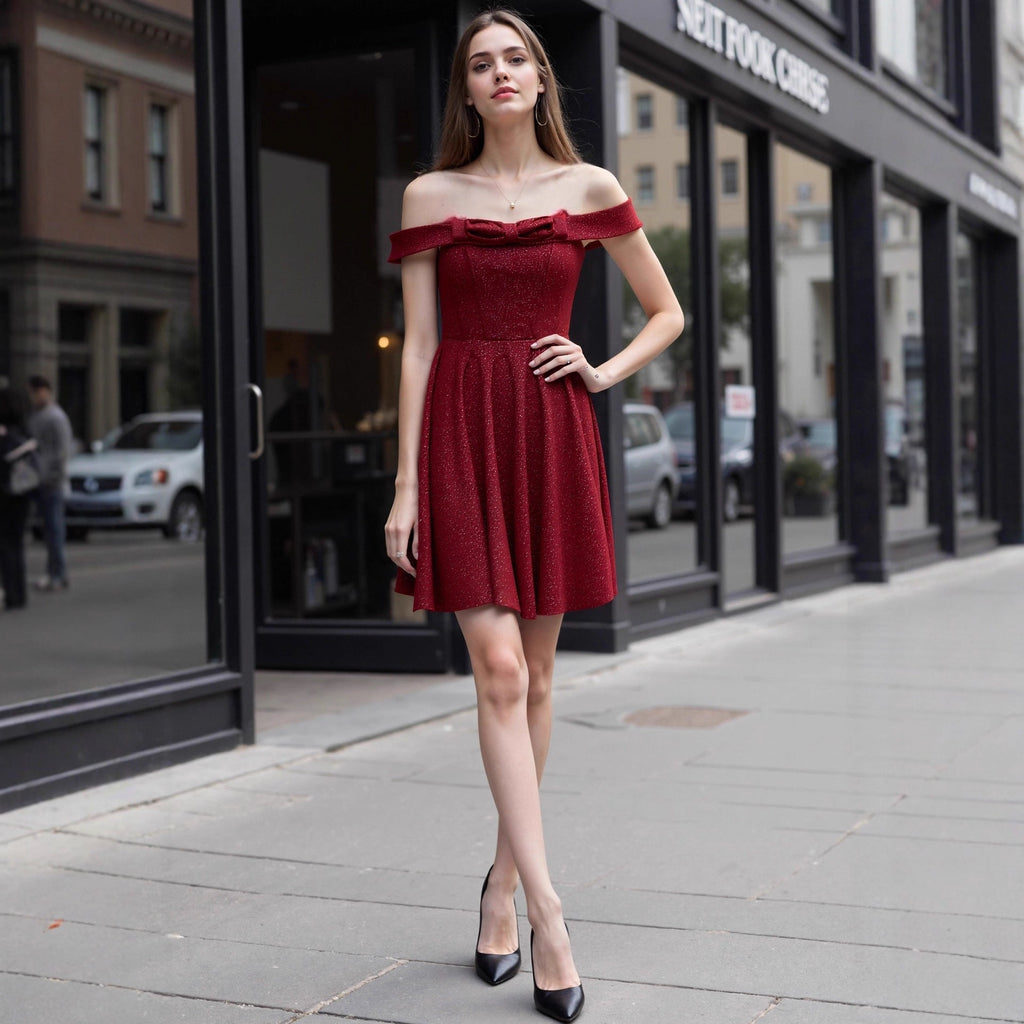 Christmas Dress Sexy Evening Dress Thin Glittering Bow off Shoulder Pleated Dress