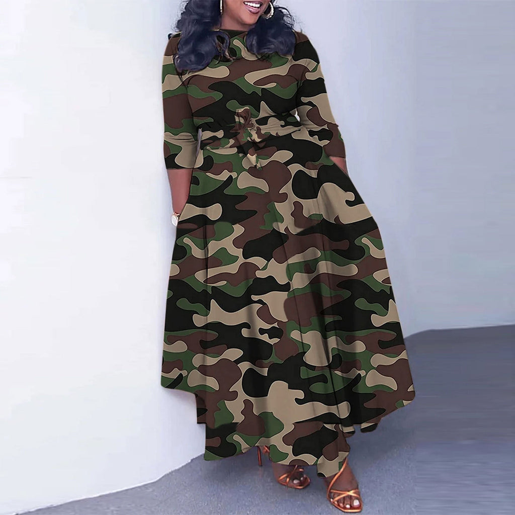 Sexy Slim Fit Camouflage Printed Large Waist Tight Lace up Dress
