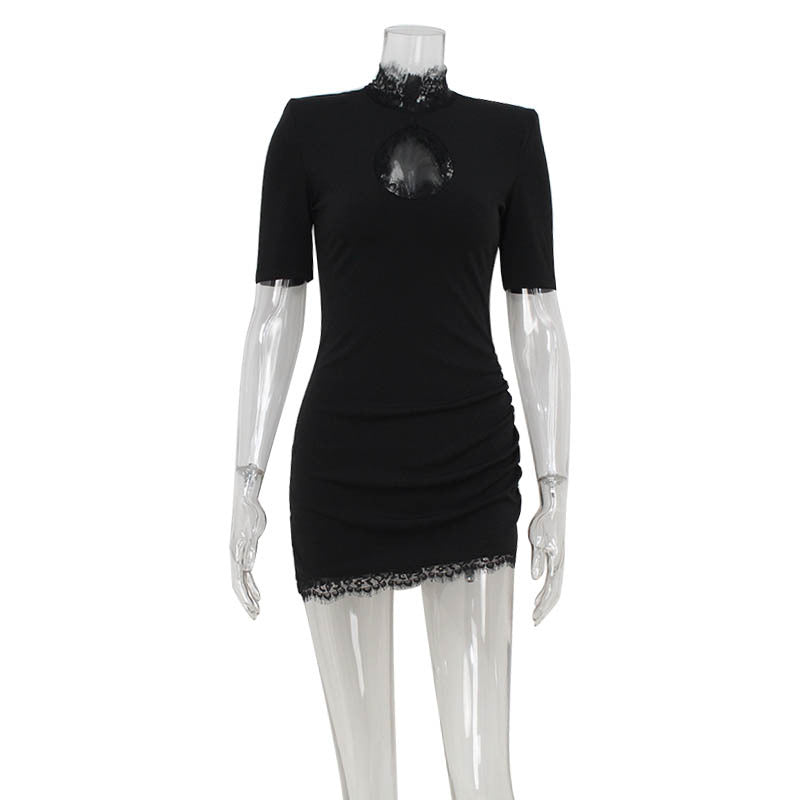 Slim Lace Stitching Hollow Out Cutout Thin Sexy Party Hip Bag Dress Women