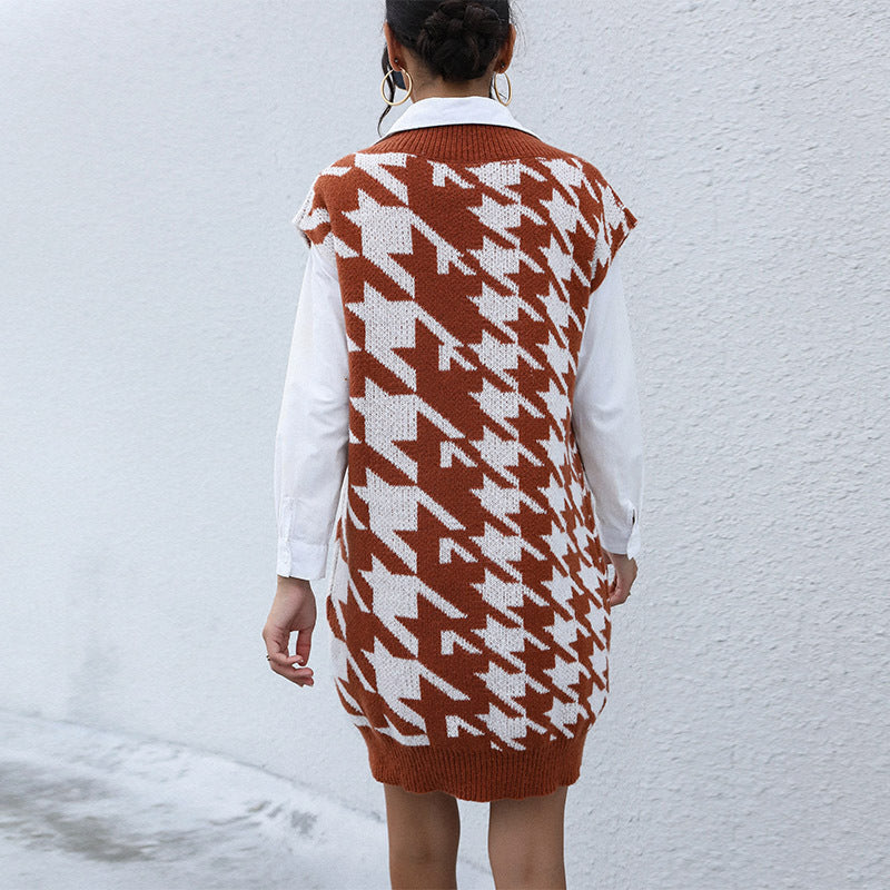 Women Wear Casual Long Sleeve Houndstooth Fall Winter Sweater Dress Outer Wear