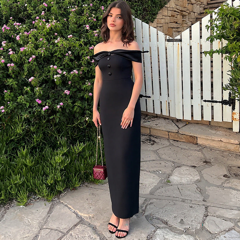 Women Clothing Summer off the Shoulder Gown Back Slit Slim Fit Maxi Dress