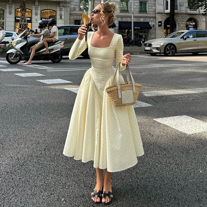 Women Wear Summer Sexy Tartan Dress High Waist Big Swing Long Sleeve Dress Women
