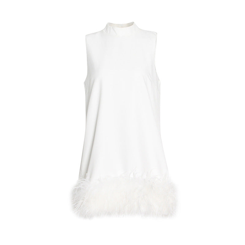Australian Brand Design Short Autumn Stand Collar Sleeveless Solid Color Stitching Hem Feather Dress