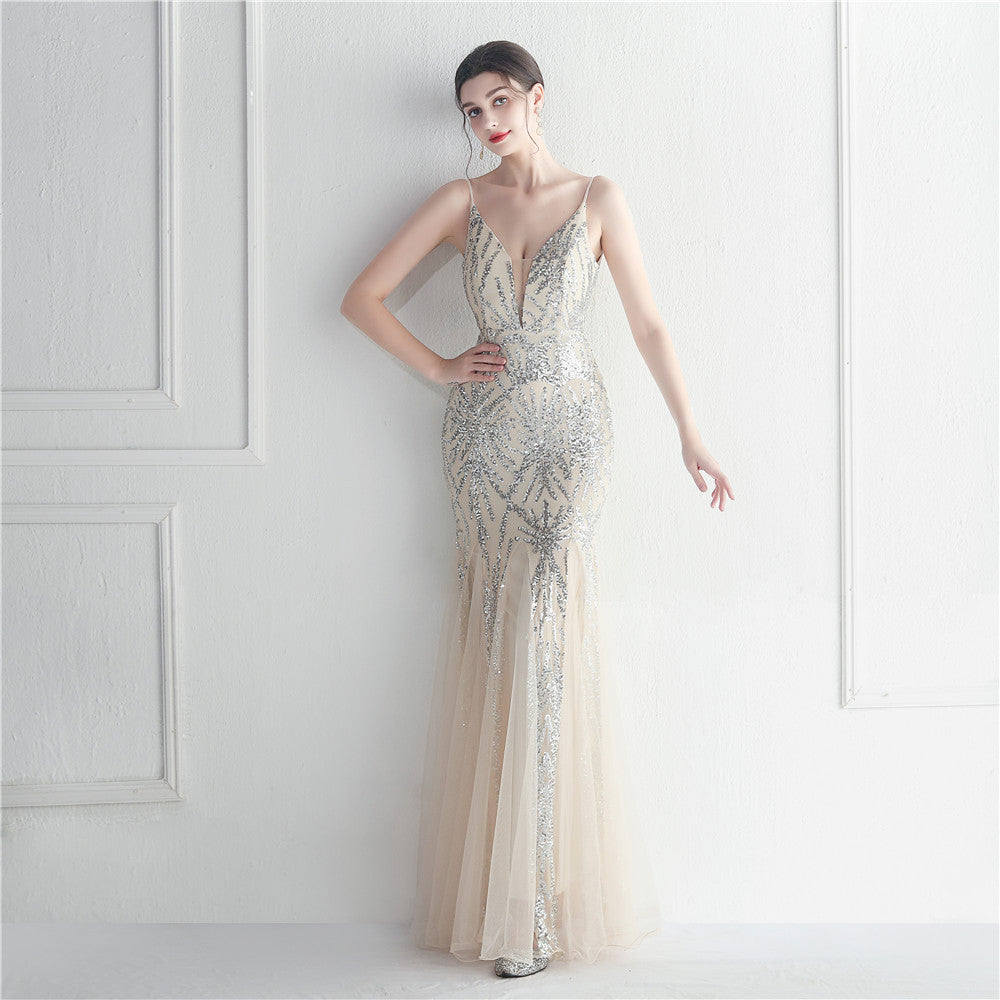 Popular Mesh Beads Sequined Dress Long Evening Dress Star Event Exhibition Stage