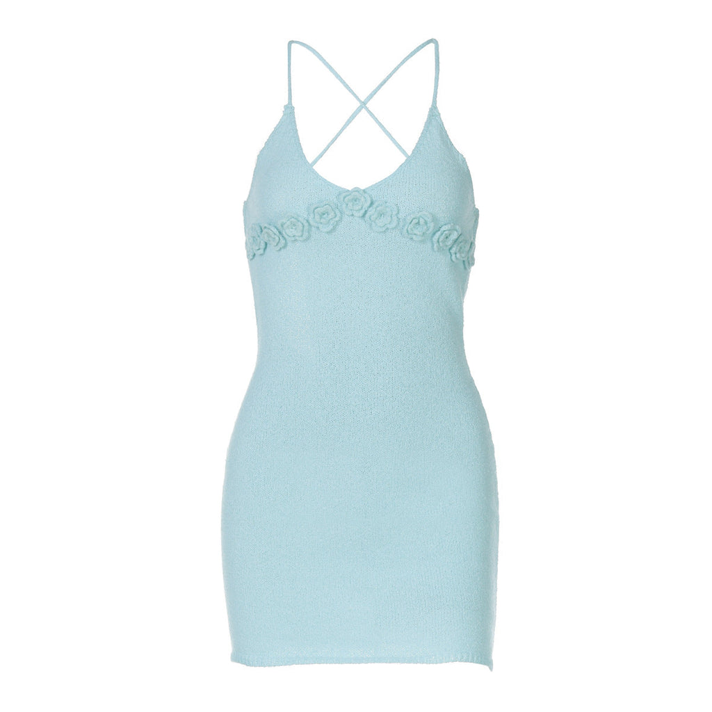 Women Clothing Summer Personalized Floral Decorative V neck Knitted Cami Dress