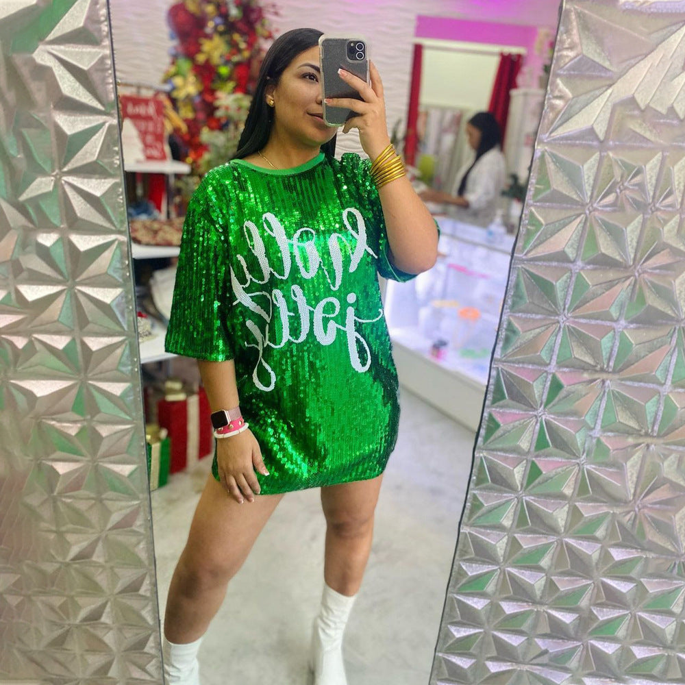 Round Neck Half Sleeved Loose Sequin Printed Dress Women Party Sequin Model Night Club Graphic