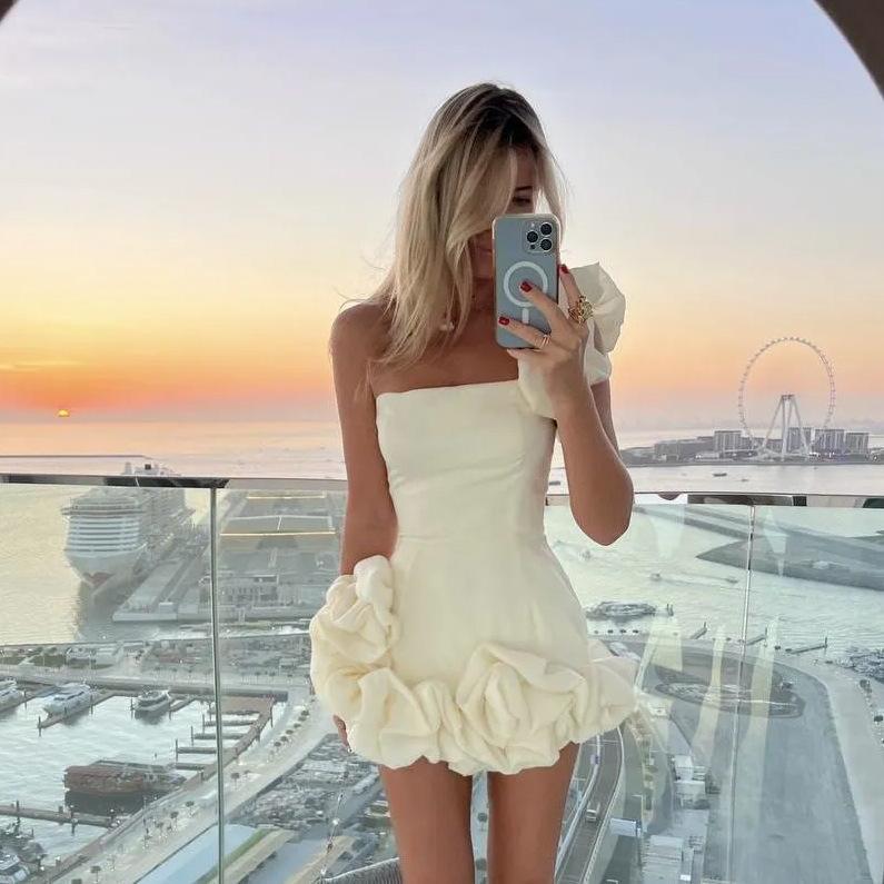 Women Clothing Dress Ruffled Bud Waist Dress One Shoulder Tube Top Hip Dress