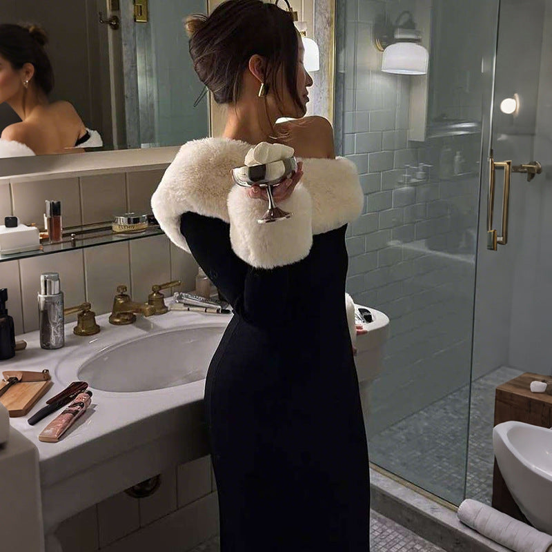 Autumn Winter Women Sexy Fur Collar Stitching Slim Fit Oblique Shoulder Color Matching Long Sleeve Elegant Dress