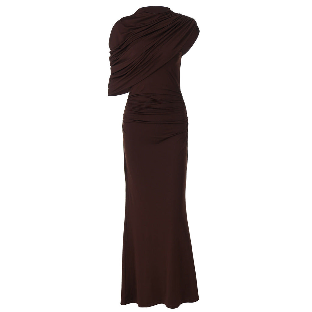Women Clothing Summer Oblique Shoulder Design Skinny Sheath Pleated Irregular Asymmetric Dress