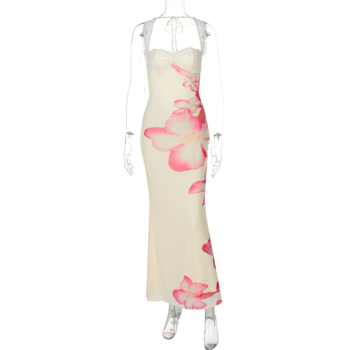 Women Clothing Summer Floral Print off Neck Lace Splicing Sling Backless Dress