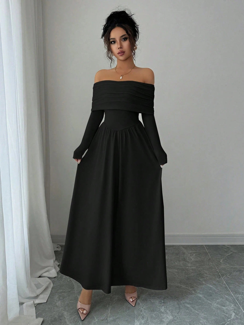 Off Shoulder Dress Women French Tea Break High Sense Cinched Slimming Maxi Dress